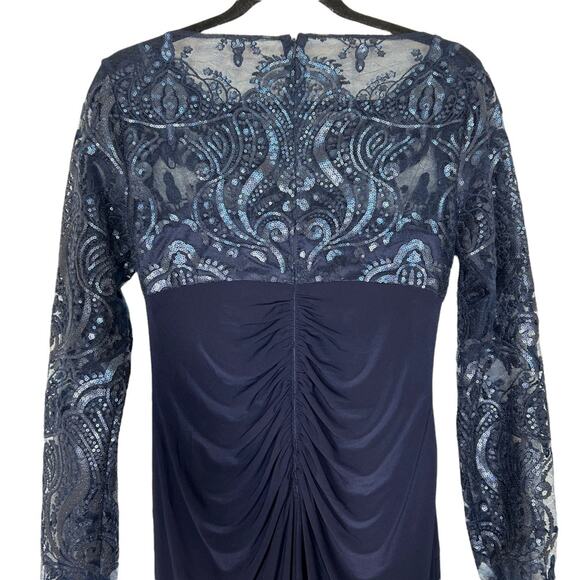 Eliza J Navy Blue Draped Sleeve Sequin Gown Formal Dress - Picture 6 of 9